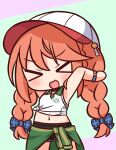  &gt;_&lt; 1girl :d armpits arms_up bangs baseball_cap black_shorts blue_bow blush bow braid brown_hair chibi closed_eyes clothes_around_waist collared_shirt eyebrows_visible_through_hair facing_viewer green_background green_jacket hair_between_eyes hair_bow hana_kazari hat highres jacket jacket_around_waist long_hair navel open_mouth plaid plaid_bow princess_connect! princess_connect!_re:dive purple_background shirt short_shorts shorts sleeveless sleeveless_shirt smile solo tied_shirt twin_braids twintails two-tone_background v-shaped_eyebrows very_long_hair white_headwear white_shirt xd yuni_(princess_connect!) 