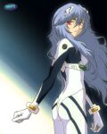  1990s_(style) 1girl absurdres artist_name ass ayanami_rei bangs bodysuit breasts clenched_hand evangelion:_3.0+1.0_thrice_upon_a_time eyebrows_behind_hair floating_hair from_side gloves highres long_hair looking_back medium_breasts neon_genesis_evangelion parted_lips pilot_suit plugsuit rebuild_of_evangelion red_eyes retro_artstyle solo very_long_hair white_bodysuit white_gloves youdotan 
