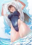  1girl absurdres black_swimsuit blue_sky brown_hair character_request cloud commentary covered_navel cowboy_shot day from_below highleg highleg_swimsuit highres last_origin long_hair looking_at_viewer one-piece_swimsuit outdoors red_eyes sky soaking_feet solo swimsuit tank_top upshirt water wet wet_clothes wweed 