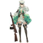  1girl assault_rifle bag belt blonde_hair blush boots brown_footwear closed_mouth cross eyebrows_visible_through_hair fedorov_(girls_frontline) fedorov_avtomat floor girls_frontline green_eyes green_ribbon gun hair_between_eyes hair_over_one_eye hair_ribbon highres holding holding_weapon holster jacket looking_at_viewer medium_hair official_art open_clothes open_jacket orthodox_cross papakha ribbon rifle salute shirt solo standing starshadowmagician thigh_boots thighhighs traditional_dress transparent_background weapon white_headwear white_jacket white_shirt 