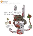  2021 alien anthro artichoke ask_blog blood blood_on_arm blood_on_chest blood_on_face bodily_fluids brown_hair dialogue english_text food fruit fur grey_body grey_fur hair lagomorph leporid loki_(lowkeytoast) lowkey_nottoast male mammal meat olive_(fruit) open_mouth pasta plant plate rabbit sausage simple_background sketch solo text white_background 