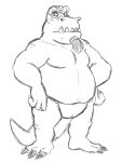  anthro asian_clothing barefoot beard black_and_white claws clothed clothing east_asian_clothing facial_hair feet fundoshi hand_on_hip japanese_clothing komodo_dragon komodo_moe lizard looking_away male monitor_lizard monochrome overweight overweight_male reptile scalie simple_background sketch solo teeth_showing thegreatmatsutzu topless underwear white_background 