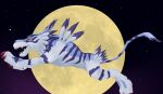  ambiguous_gender blue_body blue_fur claws digimon digimon_(species) fur garurumon looking_straight moon night open_mouth outside smile solo star stripes teeth_showing thegreatmatsutzu yellow_eyes 