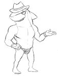  anthro barefoot black_and_white clothed clothing colored_swimwear feet fish gloves handwear hat headgear headwear indy_jaws male marine monochrome open_mouth shark simple_background sketch solo speedo swimwear teeth_showing thegreatmatsutzu topless video_games white_background yo-kai_watch 