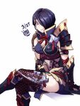  1girl armor asymmetrical_hair breasts choker cleavage earrings fire_emblem fire_emblem:_three_houses gloves hakuramen highres japanese_clothes jewelry kamura_(armor) looking_at_viewer monster_hunter_(series) monster_hunter_rise purple_eyes purple_hair shamir_nevrand short_hair simple_background solo thighhighs 