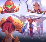  2girls afterimage arm_cannon cowboy_shot dark_skin dark_skinned_female dual_wielding elma_(xenoblade_x) full_body gameplay_mechanics gun handgun highres holding long_hair metroid multiple_girls outstretched_arms pistol samus_aran smile standing suneiaaa varia_suit weapon white_hair xenoblade_chronicles_(series) xenoblade_chronicles_x 