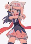  1girl bangs beanie black_hair black_legwear blurry blush bracelet commentary_request crying dawn_(pokemon) eyelashes floating_scarf from_below grey_eyes hair_ornament hairclip hat highres hinann_bot jewelry long_hair looking_at_viewer open_mouth pokemon pokemon_(game) pokemon_dppt scarf shiny shiny_hair sleeveless socks solo tears teeth tongue 