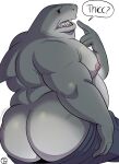  anthro big_butt butt clothing dc_comics fish hi_res king_shark male marine nipples overweight overweight_anthro overweight_male shark simple_background solo text trashtoonz white_background 