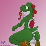  1-up_mushroom anthro balls blush butt buttplug clothing coin dinosaur footwear fungus genitals green_yoshi hi_res kneeling looking_back male mario_bros moofles123 mushroom nintendo reptile scalie sex_toy shell shoes tongue video_games yoshi 