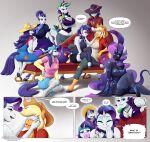  2021 absurd_res amara_burrger anthro anthrofied applejack_(mlp) big_breasts breasts cleavage clothed clothing crossed_legs equid equine female female/female friendship_is_magic group hasbro hi_res horn idw_publishing mammal my_little_pony my_little_pony_(idw) nightmare_rarity_(idw) raripunk rarity_(mlp) square_crossover unicorn 