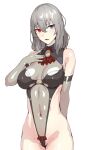  1girl bangs bare_shoulders blue_eyes boots breasts covered_navel eden_grenze elbow_gloves gloves grey_hair grey_leotard hand_on_own_chest heterochromia highleg highleg_leotard kageshio_(276006) large_breasts leotard long_hair looking_at_viewer red_eyes red_gloves silver_(eden) smile thigh_boots thighhighs 