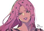  1boy bangs collarbone diavolo eyebrows_visible_through_hair green_eyes hair_over_eyes head_tilt highres jojo_no_kimyou_na_bouken long_hair looking_at_viewer male_focus parted_bangs parted_lips pink_hair portrait purple_lips signature simple_background sofra solo twitter_username vento_aureo white_background 