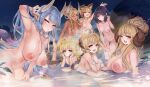  6+girls alternate_breast_size andira_(granblue_fantasy) anila_(granblue_fantasy) bath breasts draph erune granblue_fantasy harvin highres kuvira_(granblue_fantasy) large_breasts mahira_(granblue_fantasy) medium_breasts multiple_girls nazo_kitsune nude onsen outdoors small_breasts uncensored vajra_(granblue_fantasy) vikala_(granblue_fantasy) 