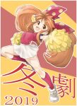  1girl 2019 asuka_120_percent blush breasts cheerleader commentary_request fang frilled_skirt frills full_body highres jumping kanji long_hair looking_at_viewer multicolored multicolored_background open_mouth orange_background orange_eyes orange_hair outstretched_arms pleated_skirt pom_poms red_background red_legwear red_shirt ribbon shirt shoes short_sleeves skirt sneakers solo suzuki_megumi translation_request twintails white_footwear zangetsumaru 