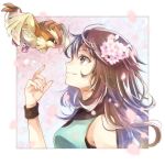  1girl bangs brown_hair closed_mouth commentary eyelashes flower gen_1_pokemon green_shirt hair_flower hair_ornament hand_up leaf_(pokemon) long_hair looking_up pidgey pink_flower pokemon pokemon_(creature) pokemon_(game) pokemon_frlg shirt sleeveless smile upper_body wristband yomogi_(black-elf) 