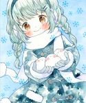  1girl animal bird blue_background braid brown_eyes closed_mouth coat earmuffs emo_(mikan) fur-trimmed_sleeves fur_trim gloves hair_ornament hairclip holding holding_animal holding_bird light_green_hair long_sleeves original scarf smile snowflakes traditional_media twin_braids watercolor_(medium) white_bird 