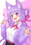  1girl :d absurdres animal_ear_fluff animal_ears belt breasts byuyu cardigan commission fox_ears highres indie_virtual_youtuber jigatei_(omijin) long_hair open_cardigan open_clothes open_mouth purple_eyes purple_hair skeb_commission skirt smile virtual_youtuber 
