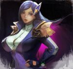  1girl armor black_background blue_eyes breasts caitlyn_(league_of_legends) collar collared_jacket fingerless_gloves gloves hair_ornament hand_on_own_hip large_breasts league_of_legends long_hair looking_at_viewer multicolored_hair nextoad pink_hair purple_hair school_uniform shoulder_armor two-tone_hair uniform very_long_hair watermark 