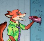  anthro bathroom bodily_fluids canid canine clothed clothing cum cum_in_mouth cum_inside cum_on_face cum_on_tongue darkthorns disney duo english_text erection fox fur genital_fluids genitals glory_hole green_eyes hand_on_penis hi_res male male/male mammal necktie nick_wilde open_mouth orange_body penis public public_restroom restroom_stall shirt tally_marks text tongue tongue_out topwear zootopia 