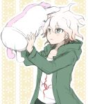  1boy bangs blush coat collarbone commentary_request danganronpa_(series) danganronpa_2:_goodbye_despair diaper ear_bow green_coat hair_between_eyes holding hood hood_down hoodie komaeda_nagito long_sleeves monomi_(danganronpa) nanasaki open_clothes open_coat pale_skin pants print_shirt shirt short_hair sketch smile solo upper_body yellow_background 