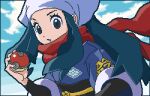  1girl aoshima_(pidove810) cloud commentary_request eyelashes female_protagonist_(pokemon_legends:_arceus) floating_scarf from_below hand_up head_scarf holding holding_poke_ball long_hair lowres parted_lips pixel_art poke_ball poke_ball_(legends) pokemon pokemon_(game) pokemon_legends:_arceus ponytail red_scarf sash scarf sidelocks sky solo undershirt upper_body white_headwear 