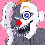  2018 :d alternate_version_at_source animatronic blue_eyes close-up clothing clown endoskeleton ennard_(fnafsl) exposed_endoskeleton five_nights_at_freddy&#039;s grey_body happy hat headgear headwear humanoid icon low_res machine male mask metal metallic metallic_body not_furry one_eye_half-closed open_mouth pink_background portrait red_nose robot round_ears round_nose sharp_teeth short_ears simple_background sister_location smile snazzamazing solo teeth video_games white_ears wide_eyed wire 