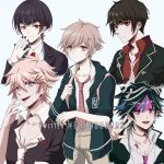  5boys black_hair black_nails celestia_ludenberg choker commentary criis-chan danganronpa:_trigger_happy_havoc danganronpa_(series) danganronpa_2:_goodbye_despair danganronpa_3_(anime) danganronpa_v3:_killing_harmony earrings enoshima_junko fangs hair_ornament hairclip harukawa_maki jewelry mioda_ibuki multiple_boys nanami_chiaki necktie pink_eyes red_eyes 