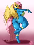  2021 anthro anthrofied big_breasts big_butt blue_eyes breasts butt clothing equid equine feathered_wings feathers female fluttershy_(mlp) friendship_is_magic hair hasbro hi_res huge_breasts huge_butt looking_at_viewer looking_back mammal my_little_pony on_one_leg open_mouth pegasus pink_hair rear_view simple_background solo standing suirano tight_clothing wings wonderbolts_(mlp) 