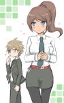  1boy 1girl asahina_aoi bangs belt black_jacket black_legwear blue_eyes blush breasts brown_hair brown_skirt collared_shirt commentary_request cowboy_shot danganronpa_(series) danganronpa_3_(anime) formal from_side green_background hair_ornament hair_scrunchie heart jacket large_breasts looking_at_viewer miniskirt naegi_makoto nanasaki necktie pantyhose ponytail red_belt red_scrunchie scrunchie shirt skirt smile suit 