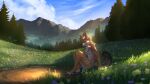  2021 amazing_background anthro canid canine canis detailed_background digitigrade female fhyra forest grass jackal mammal mountain nude plant reilukah sitting solo tree 