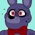  2018 alternate_version_at_source animatronic anthro black_nose blue_background bodily_fluids bonnie_(fnaf) bow_tie close-up five_nights_at_freddy&#039;s frown icon lagomorph leporid long_ears looking_away low_res machine male mammal multicolored_body multicolored_ears nervous nervous_sweat portrait purple_body purple_ears rabbit red_eyes robot simple_background snazzamazing solo sweat two_tone_body two_tone_ears video_games 
