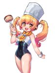  1girl alternate_breast_size blonde_hair blue_swimsuit cake chef_hat covered_navel cowboy_shot cream_puff food fork hat headphones kam-ja looking_at_viewer nitroplus one-piece_swimsuit orange_eyes pastry school_swimsuit smile solo super_pochaco swimsuit swimsuit_under_clothes toque_blanche twintails 
