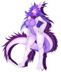  absurd_res anthro big_breasts breasts digital_media_(artwork) dragon female fluffy fluffy_tail fur glowing hair hecatefroz herm hi_res horn humanoid hybrid intersex looking_at_viewer muscular nude pinup pose scales scalie sfw_nudity smile solo tongue tongue_out 