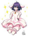  1girl ahoge animal_ears black_hair breasts bunny_ears bunny_tail carrot_necklace dress feet_out_of_frame fingernails frilled_dress frills hands_up highres inaba_tewi looking_at_viewer open_mouth pink_dress puffy_short_sleeves puffy_sleeves seiza short_sleeves signature sitting small_breasts solo sparkle tail toenails touhou umigarasu_(kitsune1963) white_background 