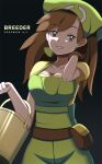  1girl apron bangs breasts brown_eyes brown_hair bucket character_name cleavage collarbone commentary copyright_name eyebrows_visible_through_hair eyelashes green_apron green_headwear head_scarf highres long_hair npc_trainer parted_lips pokemon pokemon_(game) pokemon_breeder_(pokemon) pokemon_xy shirt short_sleeves smile solo vivivoovoo yellow_shirt 