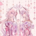  2others anniversary bare_shoulders blue_hair braid character_name floral_print from_behind gradient_hair hair_flaps horns japanese_clothes kimono kisalaundry long_hair looking_at_viewer looking_back meika_hime meika_mikoto multicolored_hair multiple_others ornament pink_hair shirt sketch sleeveless sleeveless_shirt twintails upper_body very_long_hair vocaloid 