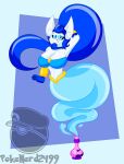  2021 absurd_res anthro big_breasts blue_eyes blue_hair breasts clothed clothing digital_media_(artwork) felid feline female fur genie genie_bottle gold_(metal) gold_jewelry hair hi_res jewelry long_hair looking_at_viewer mammal meowstic nintendo pok&eacute;mon pok&eacute;mon_(species) pokenerd2499 selene_(pokenerd2499) simple_background solo video_games white_body white_fur wristband 