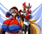  2009 armor big_breasts blonde_hair blue_eyes breasts brown_hair clothing dress duo female gesture gloves green_eyes hair handwear hat headgear headwear helmet humanoid iris_(mega_man_x) kloah13 machine male megaman_x reploid robot salute simple_background zero_(mega_man) 