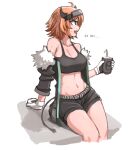  1girl :d ahoge arknights arm_support bangs bare_shoulders black_jacket black_shorts breasts cleavage commentary croissant_(arknights) crop_top cup disposable_cup drinking_straw eyebrows_visible_through_hair fang gloves green_eyes groin highres holding holding_cup horns jacket large_breasts looking_to_the_side mata_(matasoup) midriff navel off_shoulder open_clothes open_jacket open_mouth orange_hair profile short_hair short_shorts shorts simple_background sitting smile solo sports_bra stomach thighs white_background white_gloves 
