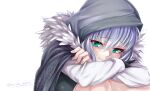  1girl bangs blush cape closed_mouth fate/grand_order fate_(series) feather_trim gray_(fate) green_eyes grey_cape hair_between_eyes hood hood_up hooded_cape knees_up long_sleeves looking_at_viewer lord_el-melloi_ii_case_files shirt sitting skirt torichamaru white_shirt 