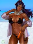  1girl alternate_costume bare_shoulders beach bikini black_bikini bleach blue_sky breasts cleavage dark_skin dark_skinned_female floating_hair hand_on_own_hip hand_on_own_neck long_hair looking_to_the_side medium_breasts midriff multicolored multicolored_bikini multicolored_clothes navel nextoad ocean orange_bikini outdoors patreon_username ponytail purple_hair scarf shihouin_yoruichi sidelocks sky solo spiked_hair swimsuit tatoo thighs toned tongue tongue_out water watermark yellow_eyes 