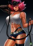  1girl abs bare_shoulders belt black_choker black_gloves blue_eyes breasts choker crop_top cutoffs denim denim_shorts elbow_gloves fingerless_gloves gloves gradient gradient_background large_breasts looking_at_viewer midriff muscular muscular_female nextoad patreon_username pink_hair poison_(final_fight) shorts simple_background single_elbow_glove single_fingerless_glove single_garter_strap single_thighhigh solo spiked_hair strap_gap street_fighter thick_thighs thighhighs thighs tongue tongue_out torn_tank_top watermark whip 