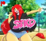  anthro big_breasts bottomwear bouncing_breasts breasts clothing cutoffs denim denim_clothing felid female gesture hi_res huge_breasts jeans lion mammal mastergodai one_eye_closed pantherine pants park pointing shirt shorts solo t-shirt topwear wink 