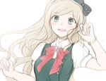  1girl black_bow blonde_hair blush bow danganronpa_(series) danganronpa_2:_goodbye_despair dress green_dress green_eyes hair_bow jewelry long_hair looking_at_viewer nanasaki open_mouth puffy_short_sleeves puffy_sleeves red_bow short_sleeves smile sonia_nevermind 