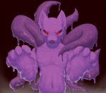  5_fingers anthro black_background black_sclera canid canine digital_media_(artwork) fingers glistening glistening_body goo_creature looking_at_viewer male mammal navel nude paws pecs purple_body purple_nose red_eyes rysonanthrodog simple_background solo standing swamp_king_kari tentacles 