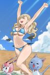  1girl beach bikini blonde_hair blue_bikini breasts closed_eyes eden&#039;s_zero gaston18 happy_(eden&#039;s_zero) highres large_breasts navel pino_(eden&#039;s_zero) rebecca_bluegarden swimsuit 