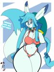  2018 anthro big_breasts bikini blue_body blue_eyes blue_fur blue_hair bracelet breasts clothing curvy_figure dialogue digital_media_(artwork) eeveelution english_text female fingers fur glaceon hair hourglass_figure huge_breasts inkit89 jewelry necklace nintendo pok&eacute;mon pok&eacute;mon_(species) simple_background solo swimwear talking_to_viewer text thick_thighs thong underwear video_games voluptuous wide_hips 