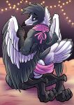  2017 anthro avian balls beak bed butt clothed clothing crossdressing feathers furniture genitals half-closed_eyes hi_res inside kneeling looking_back male multicolored_body multicolored_feathers muttasaur narrowed_eyes smile solo string_lights talons toe_curl watermark william_magpie wings 