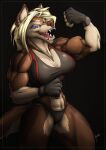  abs anthro biceps blonde_hair blue_eyes bra brown_body brown_fur canid canine canis clothing ear_piercing elnora_karkhov fangs female flexing fur hair hi_res krinkels looking_at_viewer mammal muscular muscular_anthro muscular_female muscular_thighs open_mouth piercing simple_background solo sport sports_bra sports_panties sportswear thick_thighs underwear white_body white_fur wolf 