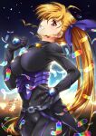  1girl ahoge artist_name black_bodysuit black_gloves blonde_hair blush bodysuit breasts commentary_request gloves grin hair_ribbon hand_on_hip highres large_breasts long_hair looking_at_viewer looking_to_the_side lyrical_nanoha mahou_shoujo_lyrical_nanoha_strikers purple_ribbon red_eyes ribbon san-pon side_ponytail sidelocks smile solo very_long_hair vivio 